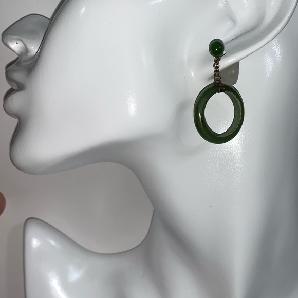 ANTIQUE Burma Jadite WHIMSY HOOP earrings STERLING
